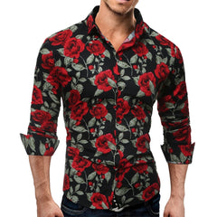 Nova camisa casual masculina impressa em 3D de manga comprida floral