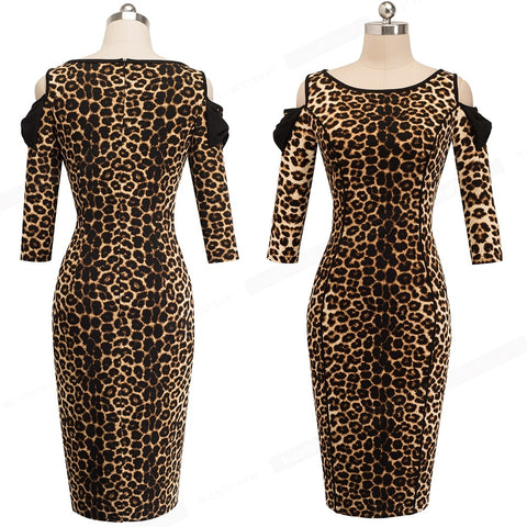 Leopard Printed Cold Shoulder With Bow Party Dress