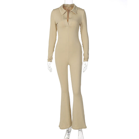 Fashion Polo Collar Slimming Long Sleeves Lapel Sleeve Slim One-Piece Pants