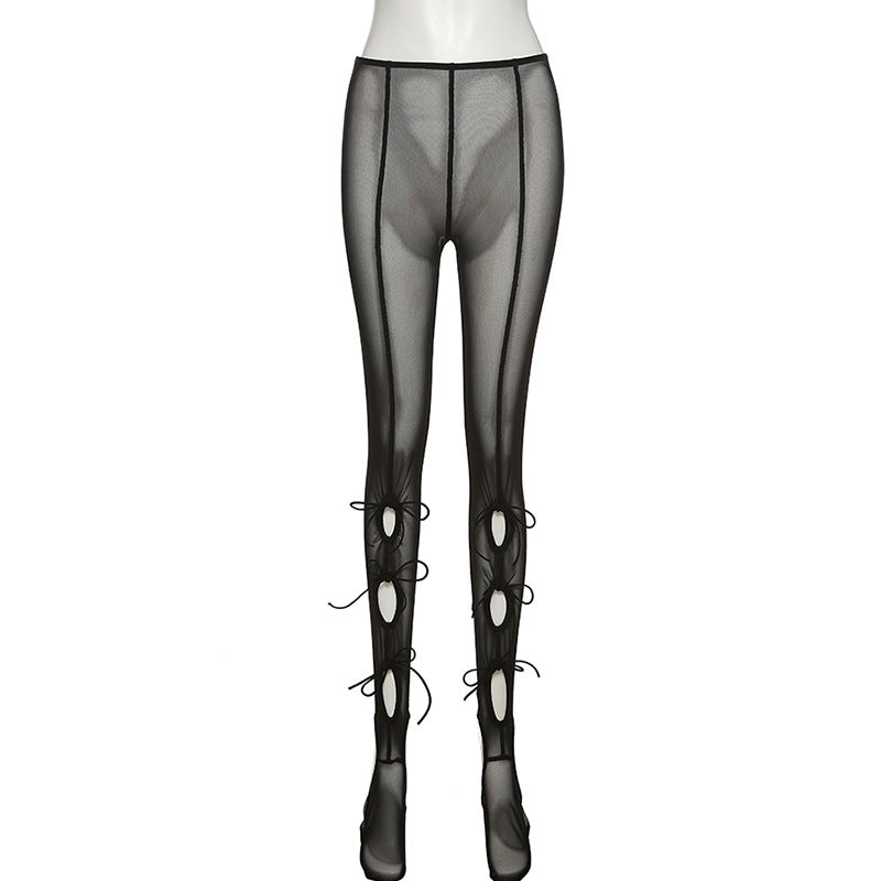 Sexy Drawstring Hollow-out Tight Body Stocking Casual Mesh Pants