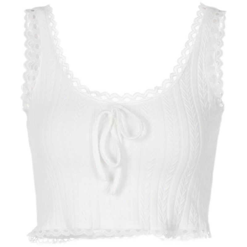 Retro Lace Stitching Midriff-Baring Bow Camisole