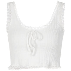 Retro Lace Stitching Midriff-Baring Bow Camisole