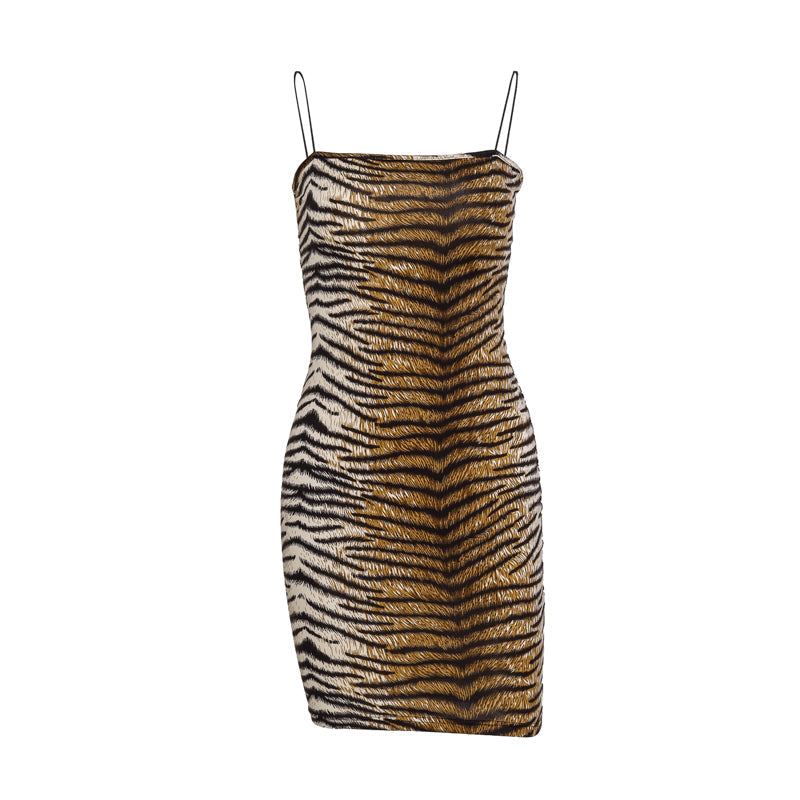 Tiger Stripe Pattern Slim-Fit off-Shoulder Strap Dress
