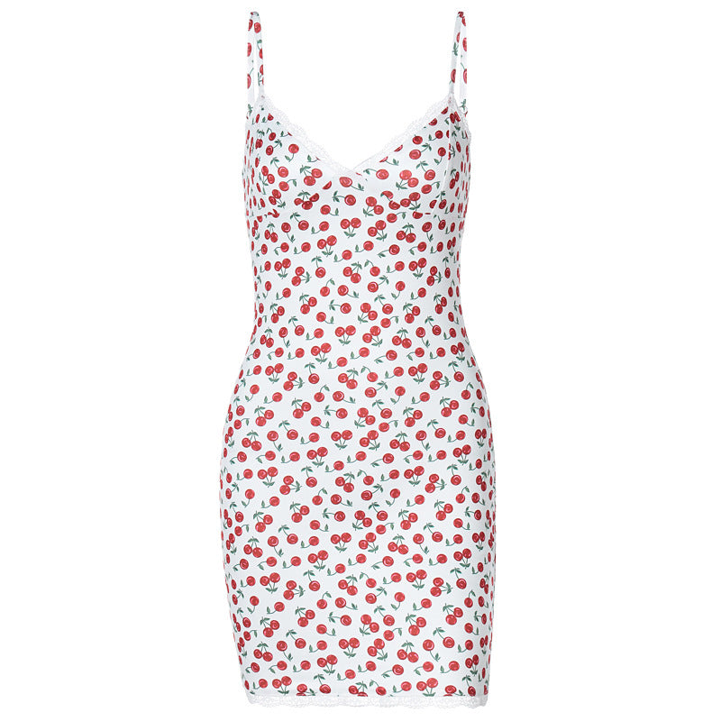 V collar Cherry Print Slim-Fit Sleeveless Strap Dress