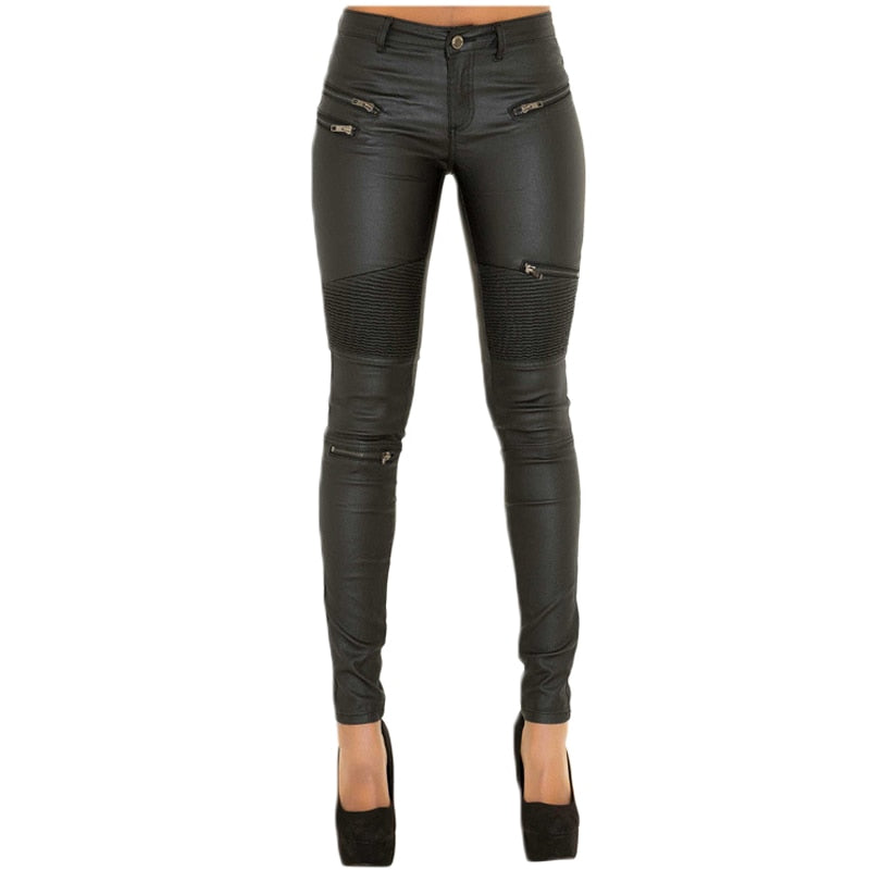 Fashionable Sexy Women's Low Waist Leather Leggings For Motorcycle Riding