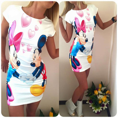 Plus Size Short Sleeve Cartoon Print Slim Mini Dress
