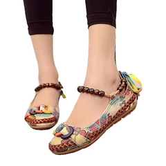 Sapatos baixos casuais plus size feminino flats com cercadura tornozelo tiras mocassins retro sapatos étnicos bordados