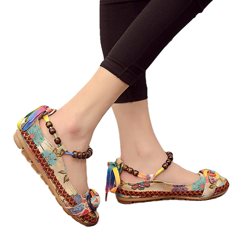 Plus Size Casual Flat Shoes Women Flats Beaded Ankle Straps Loafers Retro Ethnic Embroidered