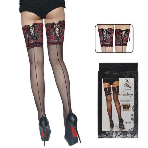 Punk Maid Sexy Cubano Heel Back Seam Stockings Wide Lace Up Hold Up Silicone Floral Top Thigh High Cross Bandage Stockings