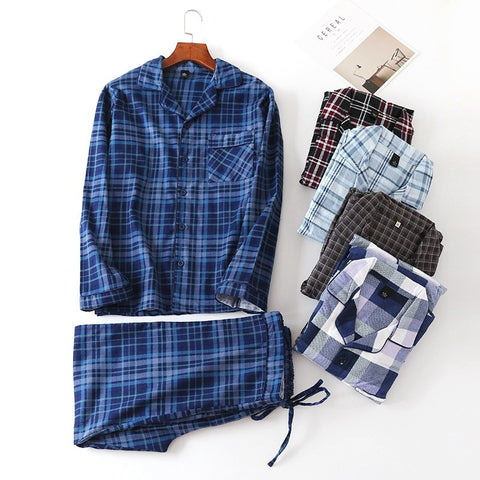 Autumn & Winter Leisure Plaid Pattern Long-Sleeved Pure Cotton Loungewear For Men