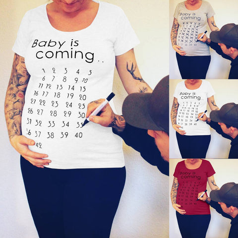 Baby Is Coming Print Women Maternity Clothing Pregnant Short T Shirt Funny Top For Photography Photo Shoot Plus Size - Sheseelady