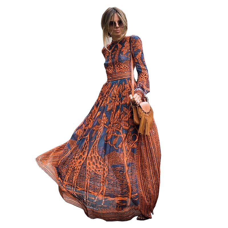 Fashion Women Long Chiffon Long Sleeve Print Maxi Dress - Sheseelady