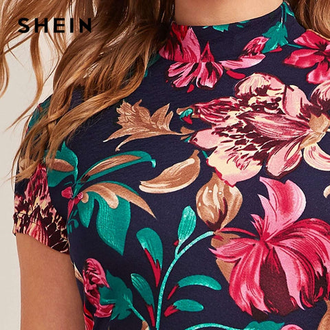 Elegant Women's Sleeve Mock Neck Bodycon Dress With Floral Print