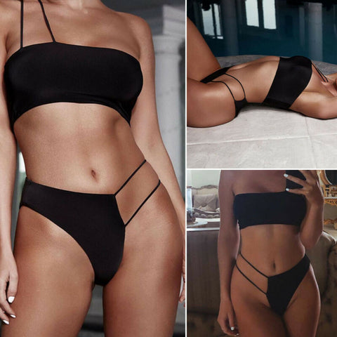 Sexy Ladies' Black Bikini Set With One Shoulder Bra & Thongs