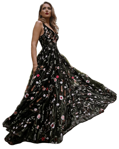 Sexy Black Bohemian Style V-Neck Backless Tulle Embroidery Evening Gowns