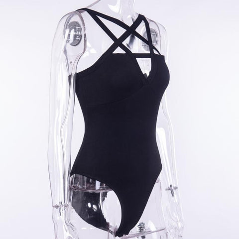 Sexy Black Gothic Women's Sleeveless Hollow Out Cross Strap Bodysuit