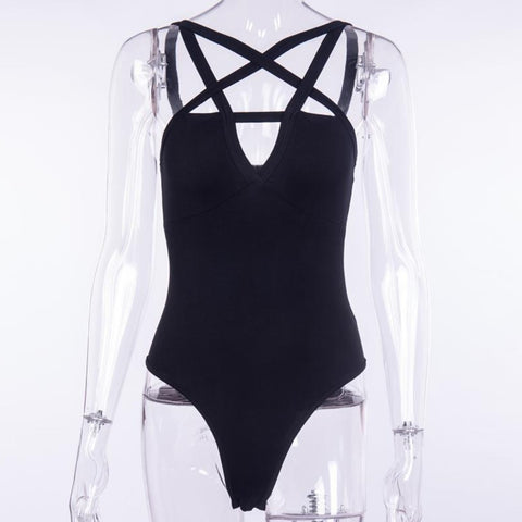 Sexy Black Gothic Women's Sleeveless Hollow Out Cross Strap Bodysuit