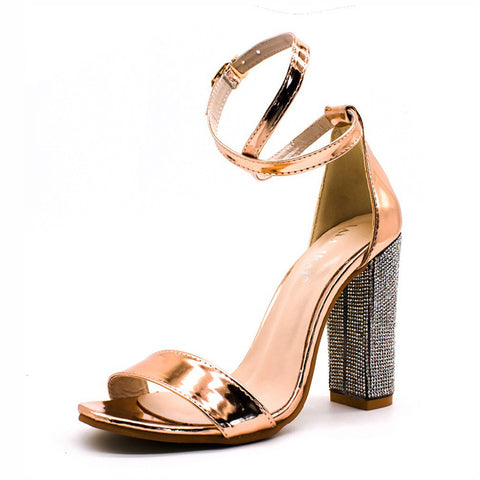 セクシーなハイヒール女性は、ゴールドラインストーンヒールレディースシューズクラシックパンプスプラスサイズの靴女性バックルストラップサンダルをパンプス