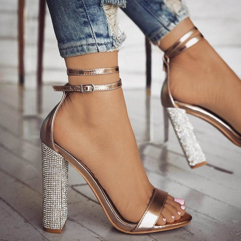 Classic Sexy Women's Ankle Strap High Heel Sandals With Rhinestones