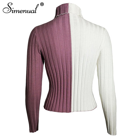 Patchwork Women'S Turtleneck Sweaters And Pullovers Autumn Knitting Clothes Skinny Sexy Cropped Lady'S Sweater