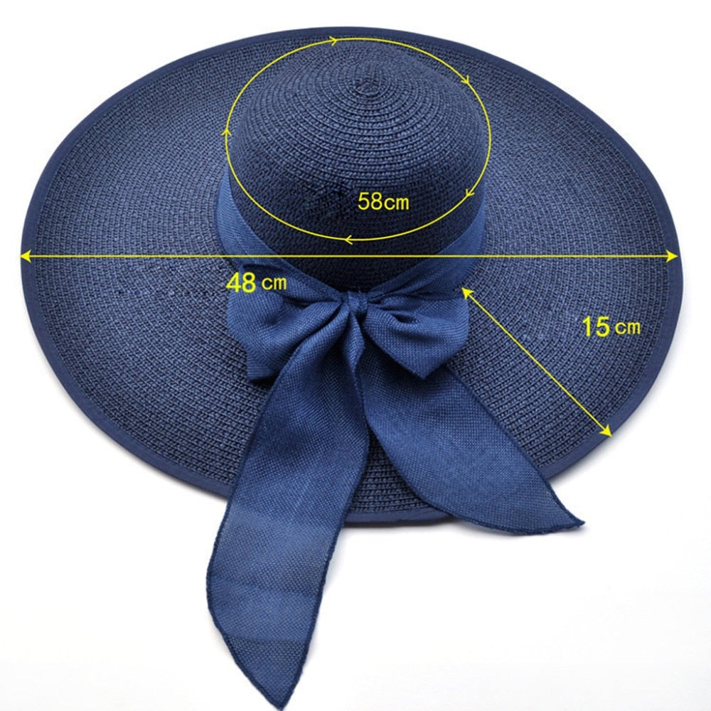 Summer Large Brim Straw Hat Floppy Wide Brim Sun Cap Bowknot Beach Foldable Hats