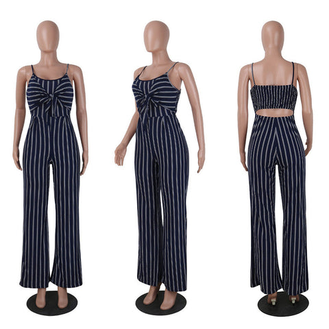 Summer New Blue Bodycon Backless Stripe Jumpsuits Women Sexy Party Clubwear Casual Bowtie Overalls Jumpsuit Plus Size