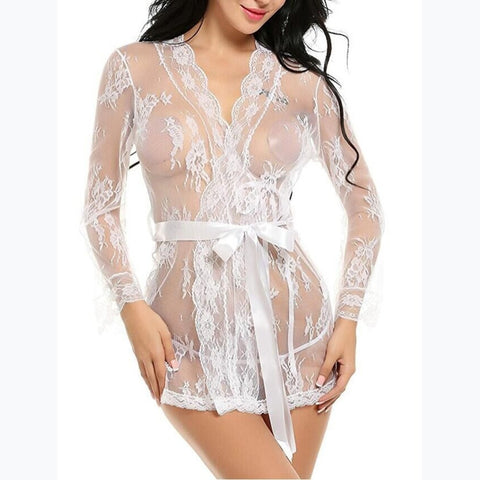 Summer Women Sexy Lingerie Babydoll Chemises Lace Transparent Peignoirs Robes Sleepwear See-Through Porno Sex Underwear Dress