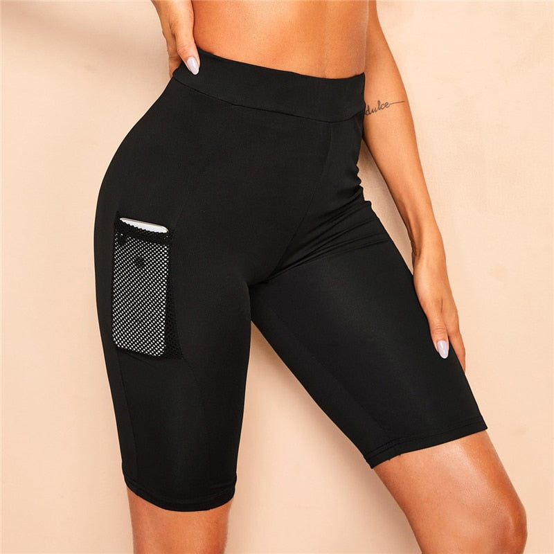 Mesh Pocket Patched Solid Skinny Cycling Shorts Active Wear Women Biker Summer Casual Black