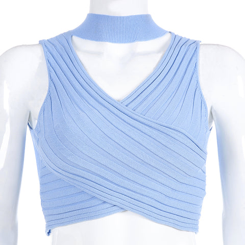 Sleeveless Knitted Cropped Tank Top Women Summer Casual Sexy Hollow Out Deep V Neck Bralette Crop Top Activewear