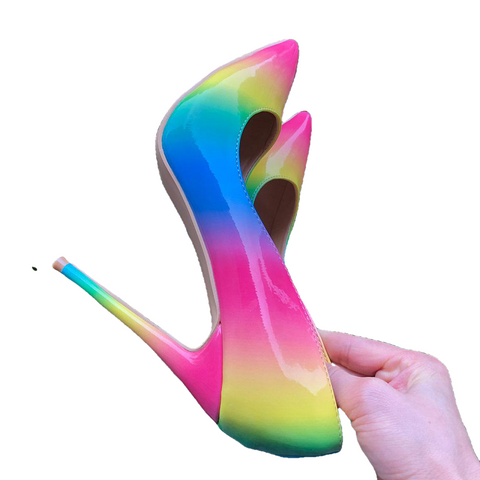 Arco-íris colorido couro envernizado feminino sexy salto alto salto alto, sapatos de festa femininos com bico fino