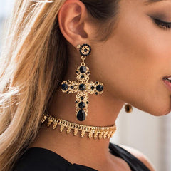 Vintage Boho Crystal Cross Drop Earrings For Women Baroque Bohemian Large Long Jewelry