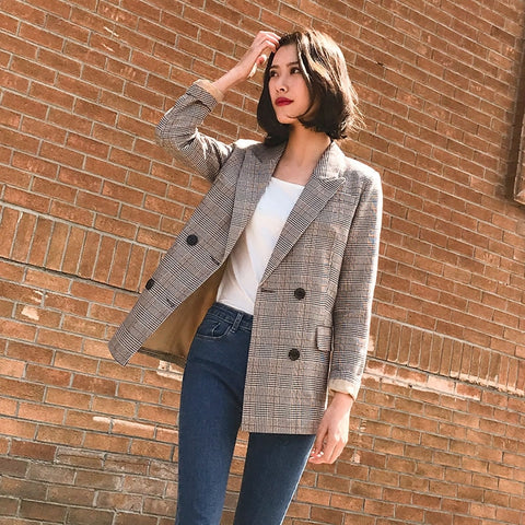 Vintage Female Double Breasted Plaid Blazer With Pockets For Spring