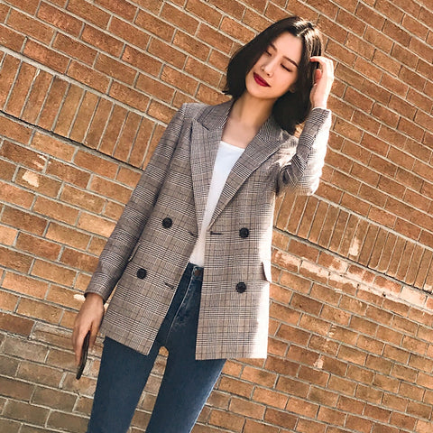 Bouble de determinada safra bolsos de primavera de jaqueta de mulheres de planície enfrentados reveste trabalho de casaco de ternos de Retro feminino alta qualidade de Feminino Outerwear