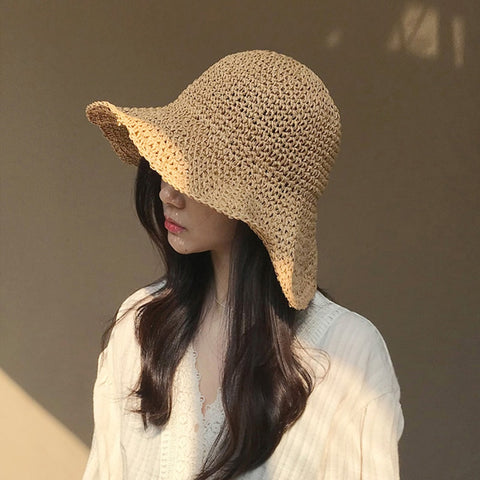 כובעי קיץ לנשים שמש חוף כובע קש פנמה כפתורים רחבים גדולים מקופלים כובעי מגן חיצוניים
