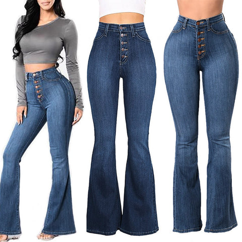 Elastic Plus Loose Denim Pocket Button High Waist Jeans - Sheseelady