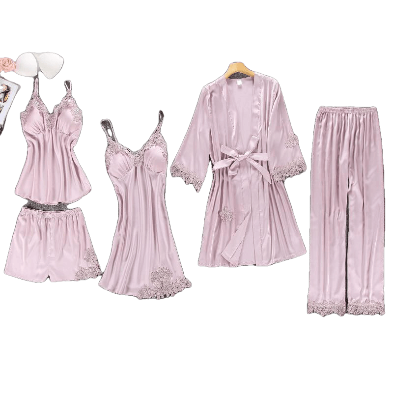 Women Pajamas 5 Pieces Satin Sleepwear Pijama Silk Home Wear Home Clothing Embroidery Sleep Lounge Pyjama With Chest Pads