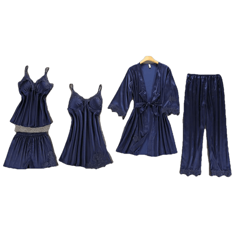 Women smooth Pajamas 5 Pieces Satin Silk Sleepwear With Chest Pads