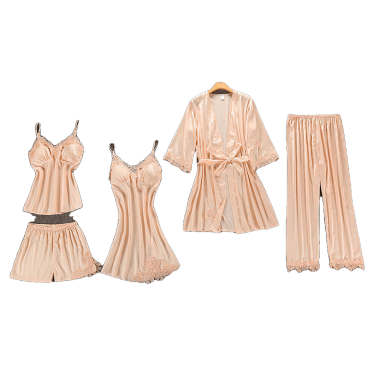 Women smooth Pajamas 5 Pieces Satin Silk Sleepwear With Chest Pads