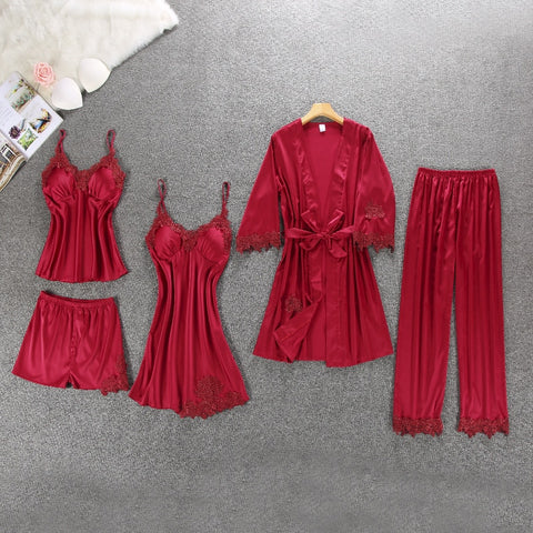 Graceful Sexy Ladies' Satin Pajamas With Chest Pads For Home Wear 5 Pieces