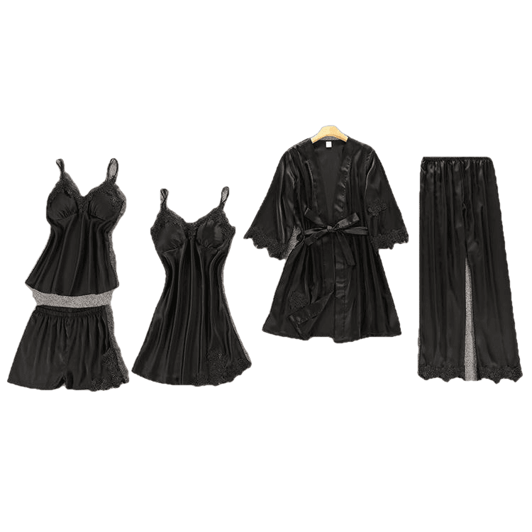 Women smooth Pajamas 5 Pieces Satin Silk Sleepwear With Chest Pads