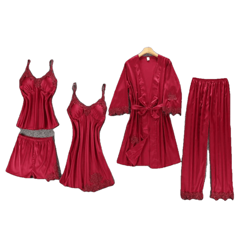 Women smooth Pajamas 5 Pieces Satin Silk Sleepwear With Chest Pads