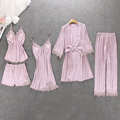 Graceful Sexy Ladies' Satin Pajamas With Chest Pads For Home Wear 5 Pieces