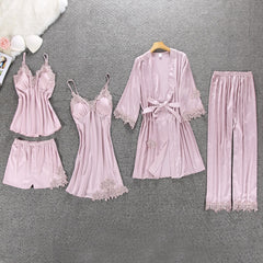 Pyjama femme 5 pièces vêtements de nuit en satin Pijama soie maison vêtements maison vêtements broderie sommeil salon pyjama avec coussinets de poitrine