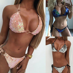 Padded Bra Two-Pieces Halter Lace-Up Bandage Bikini Set