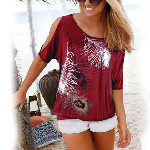 Summer Casual Women's O-neck Loose Cold Shoulder Tops With Feather Print