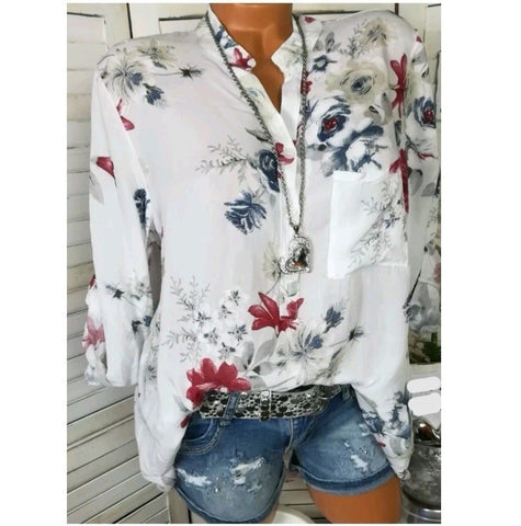 Stylish Casual Ladies' Long Sleeve V-neck Chiffon Blouse With Floral Print