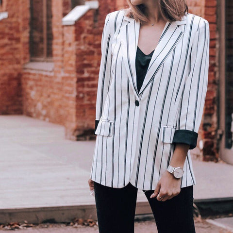 Vintage Fashionable Office Ladies' Striped Blazer For Autumn