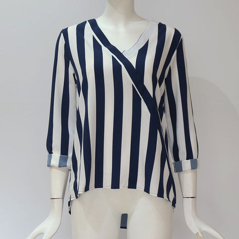Casual Striped Ladies' Long Sleeve V-neck Chiffon Tops For Office
