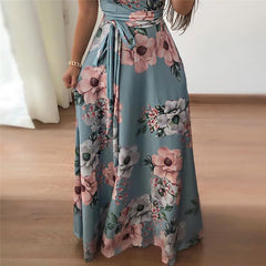 Boho Floral Print Casual Short Sleeve Long Maxi Dress - Sheseelady