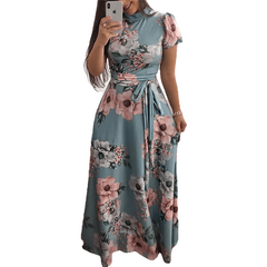 Boho Floral Print Casual Short Sleeve Long Maxi Dress - Sheseelady